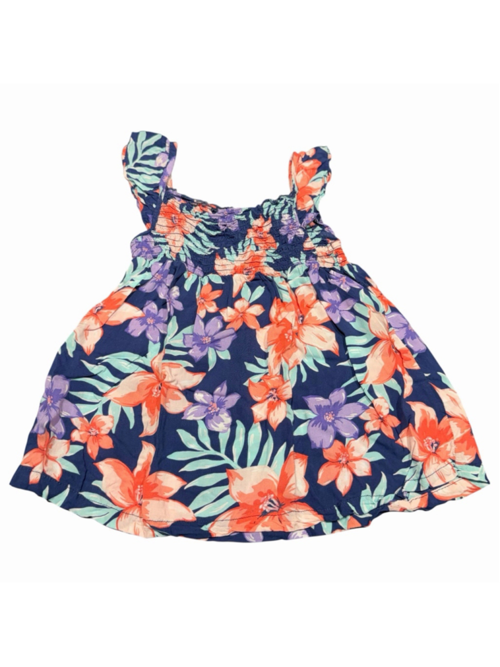 Carter’s Girls Tropical Floral Smocked Sleeveless Blouse Top Navy Blue Pink Sz 6